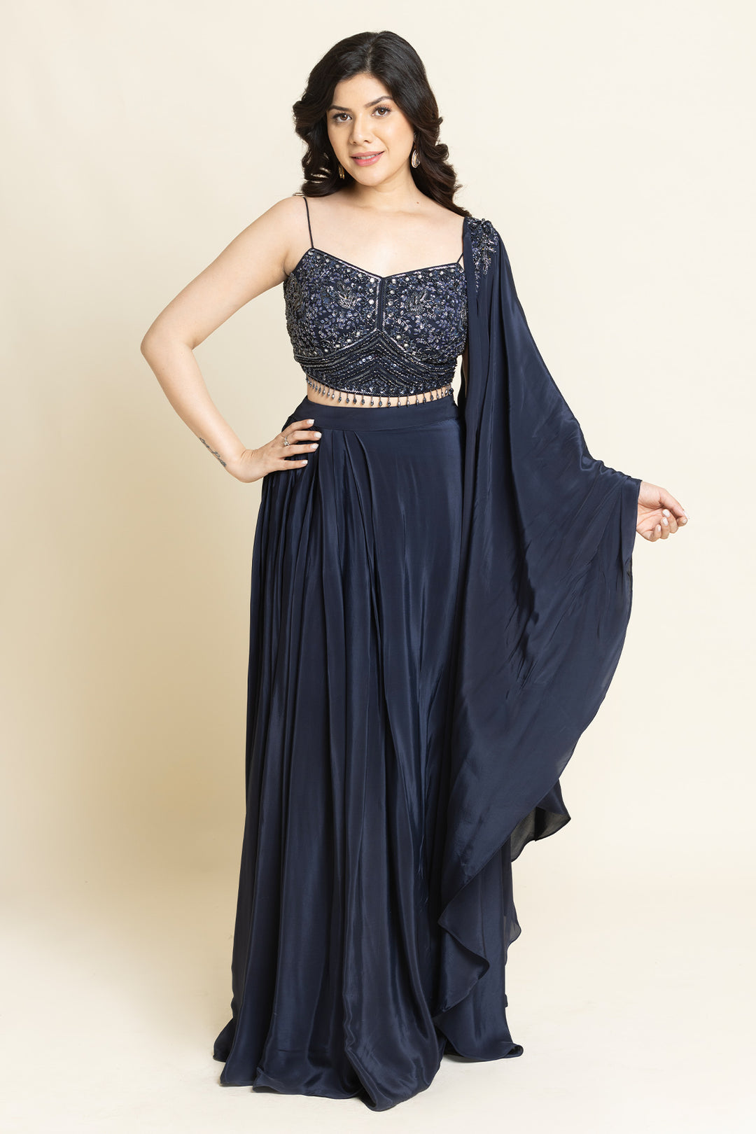 Navy Blue Sequence, Mirror And Cut dana Embroidered Indo-Western