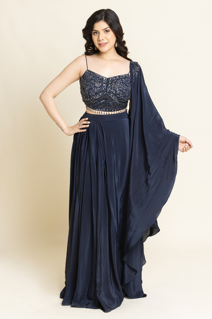 Navy Blue Sequence, Mirror And Cut dana Embroidered Indo-Western