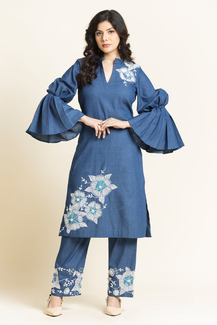 Denim Pearl Sequence And Thread Embroidered Co-Ord Set