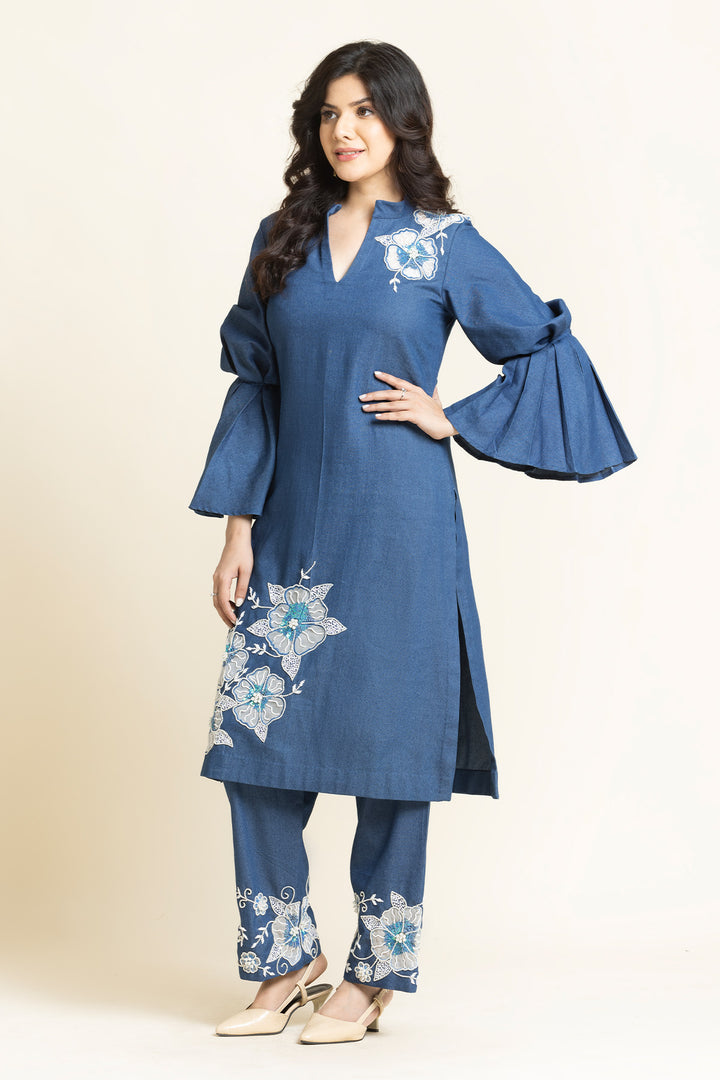 Denim Pearl Sequence And Thread Embroidered Co-Ord Set
