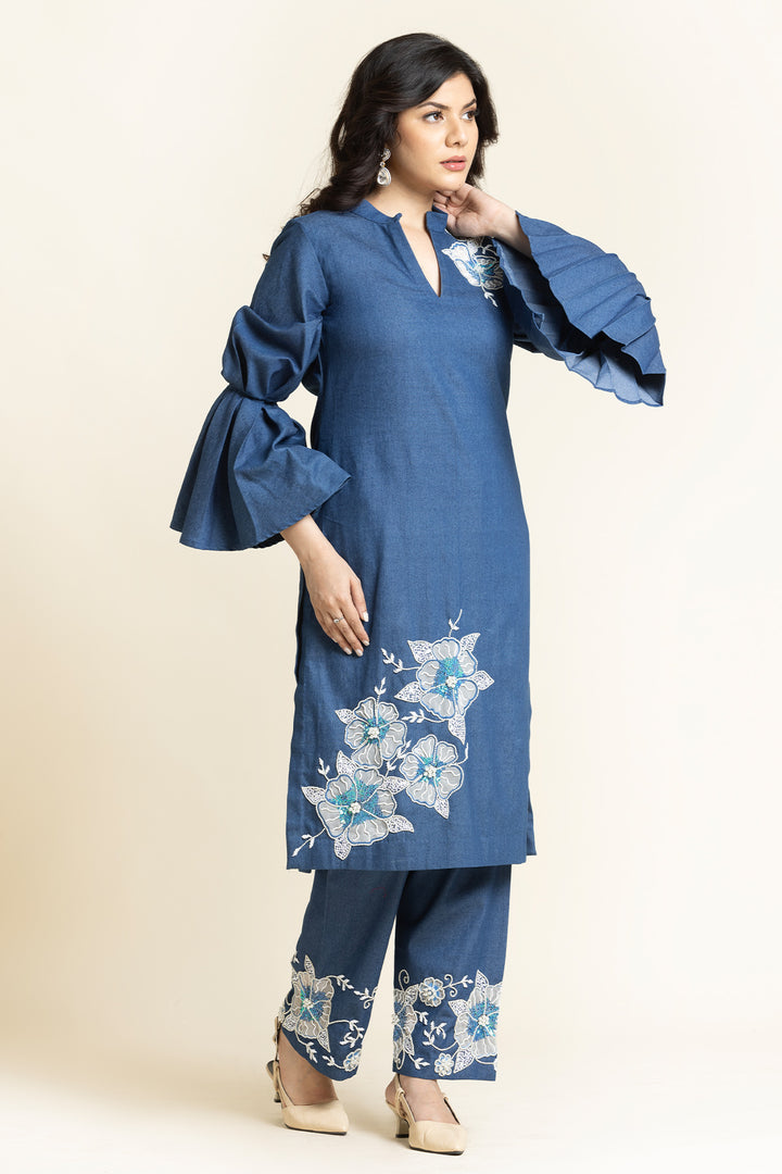 Denim Pearl Sequence And Thread Embroidered Co-Ord Set
