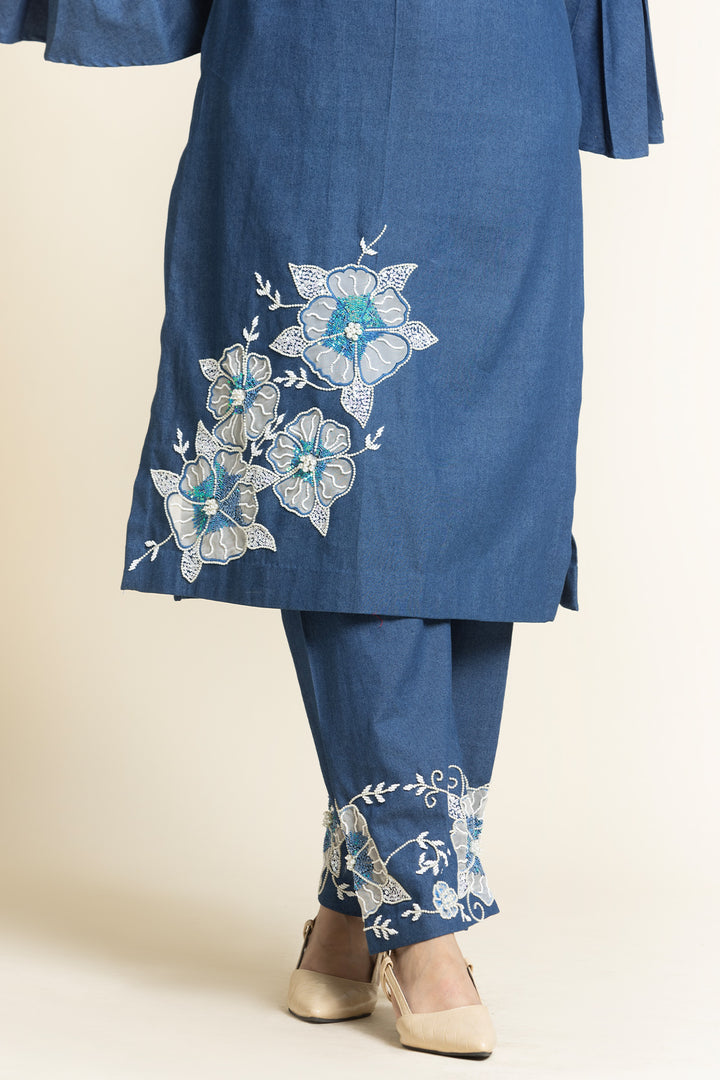 Denim Pearl Sequence And Thread Embroidered Co-Ord Set
