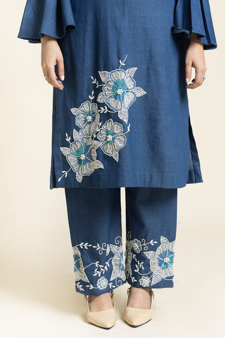 Denim Pearl Sequence And Thread Embroidered Co-Ord Set