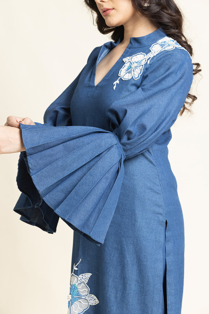 Denim Pearl Sequence And Thread Embroidered Co-Ord Set