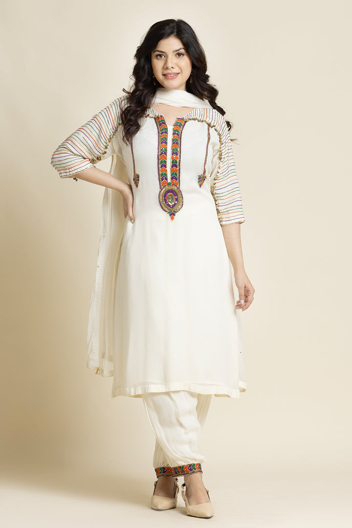 ivory Georgette Thread And Sequence Embroidered Suit