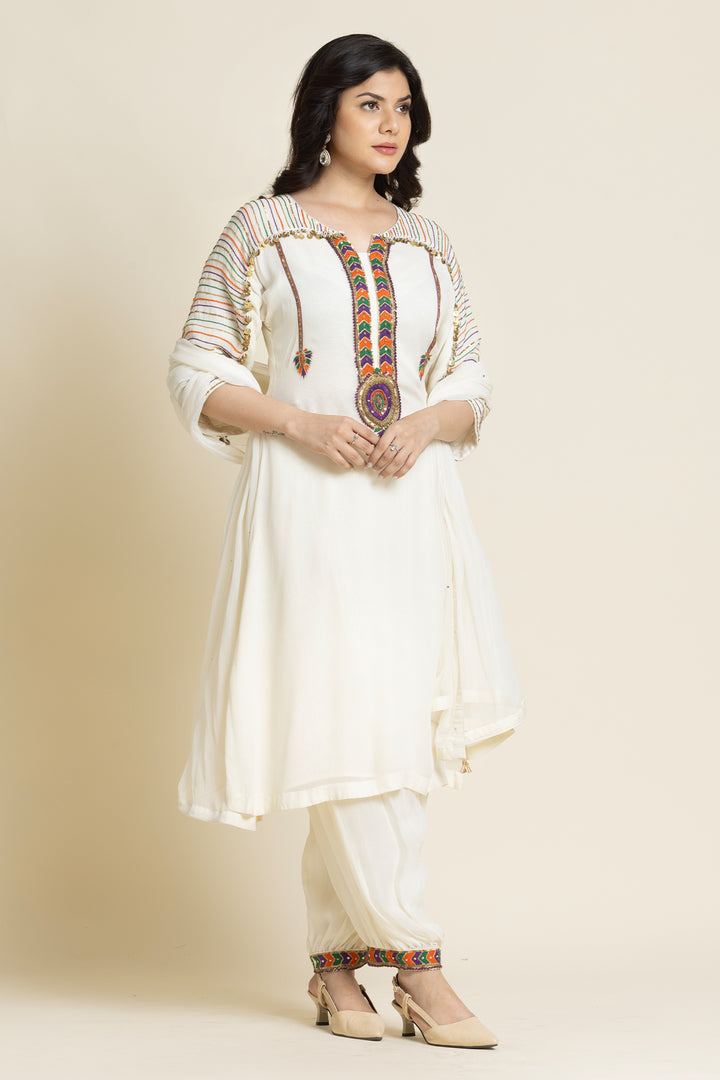 ivory Georgette Thread And Sequence Embroidered Suit