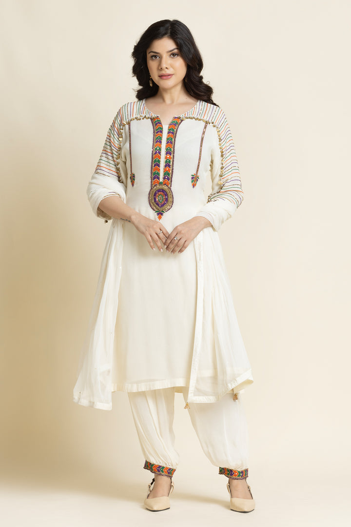 ivory Georgette Thread And Sequence Embroidered Suit