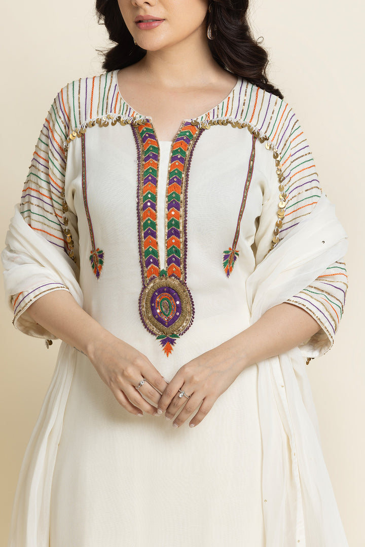 ivory Georgette Thread And Sequence Embroidered Suit