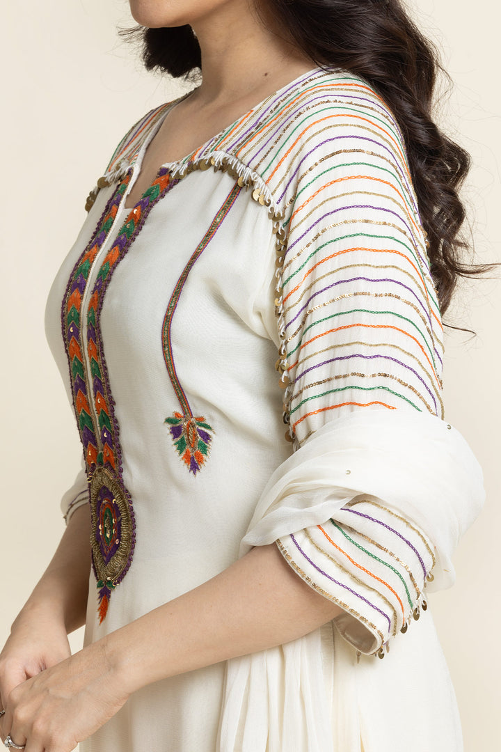 ivory Georgette Thread And Sequence Embroidered Suit