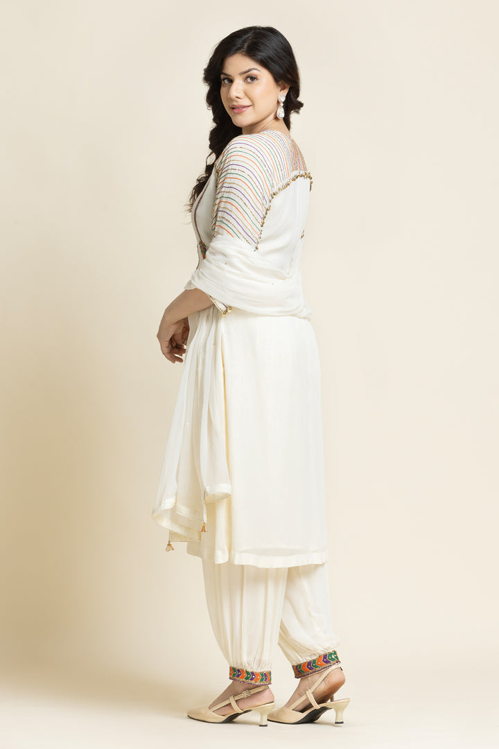 ivory Georgette Thread And Sequence Embroidered Suit