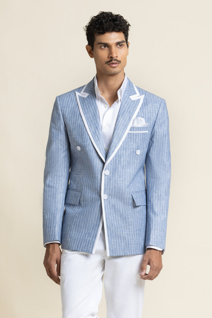 Linen Jacket With Piping Detail Slim Fit And  Printed Detailing Half Lining Inside