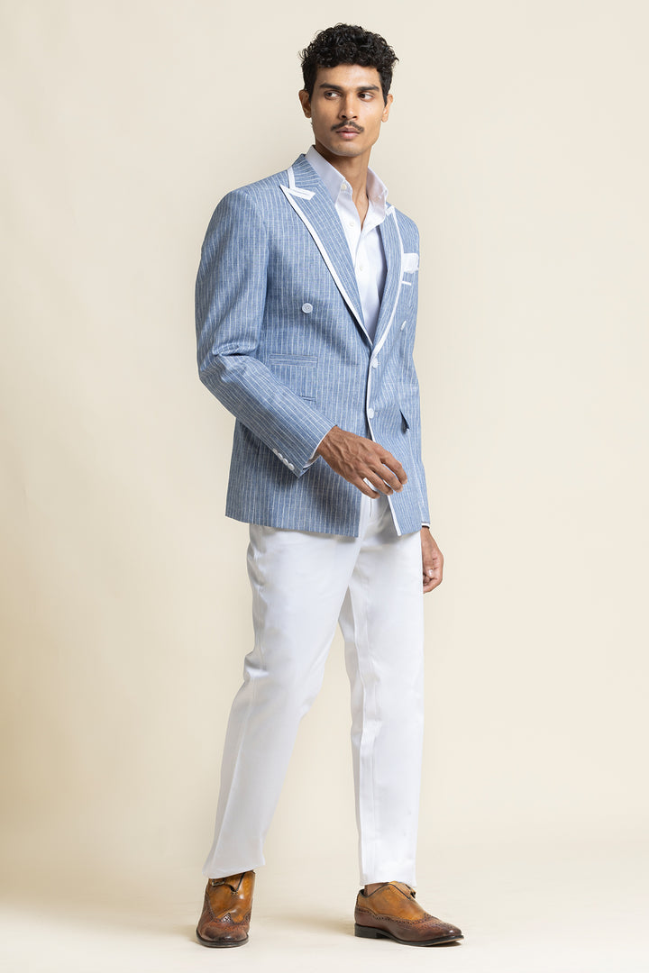 Linen Jacket With Piping Detail Slim Fit And  Printed Detailing Half Lining Inside
