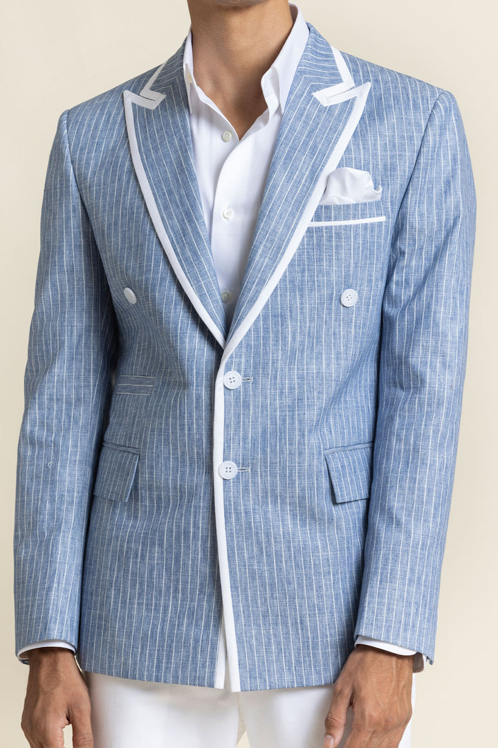 Linen Jacket With Piping Detail Slim Fit And  Printed Detailing Half Lining Inside