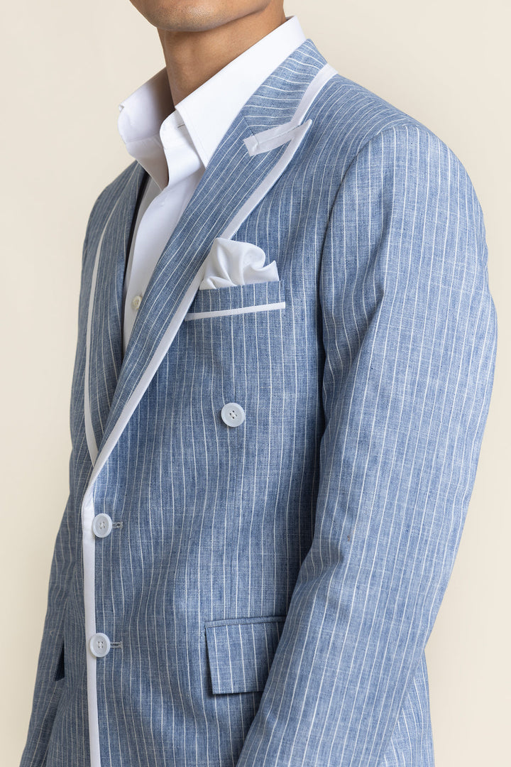Linen Jacket With Piping Detail Slim Fit And  Printed Detailing Half Lining Inside