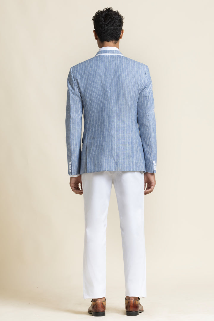 Linen Jacket With Piping Detail Slim Fit And  Printed Detailing Half Lining Inside