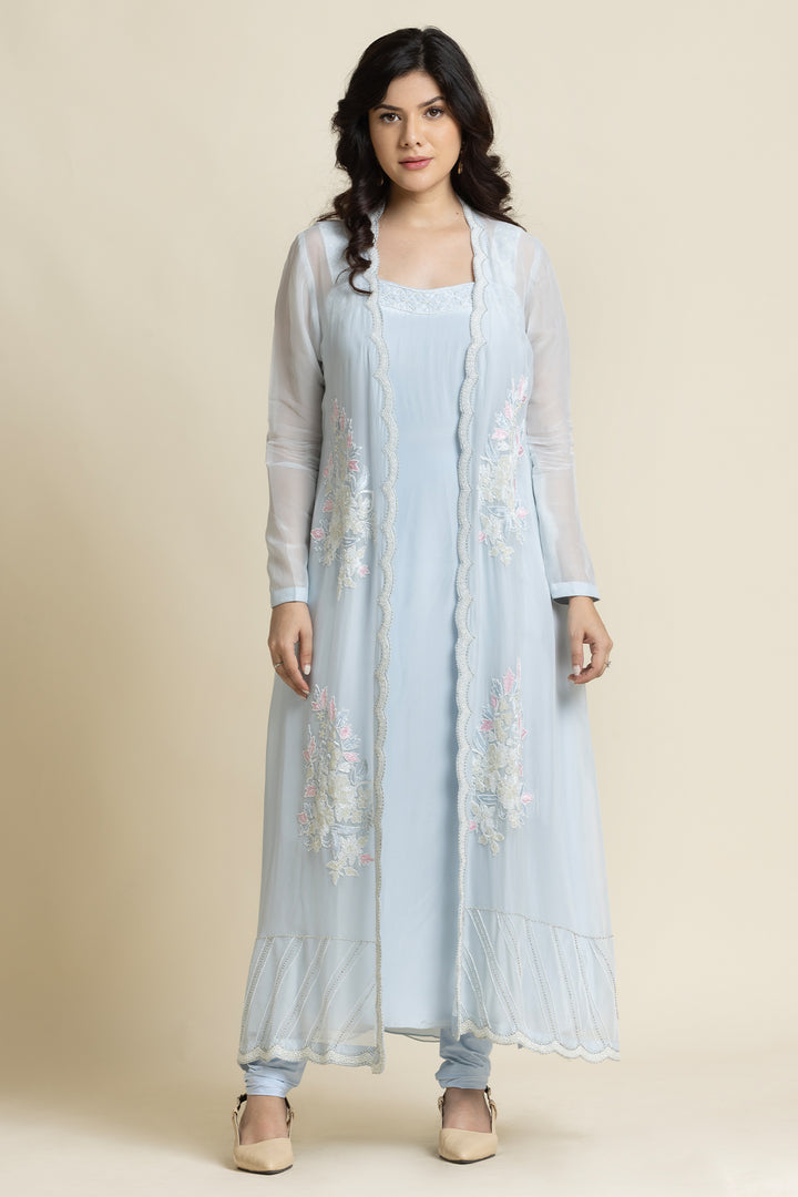 Blue Georgette Cut dana And Pearl Embroidered Suit