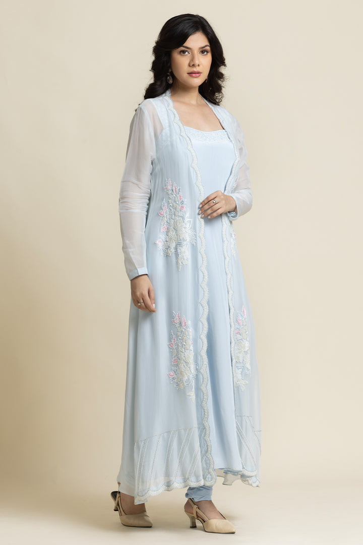 Blue Georgette Cut dana And Pearl Embroidered Suit