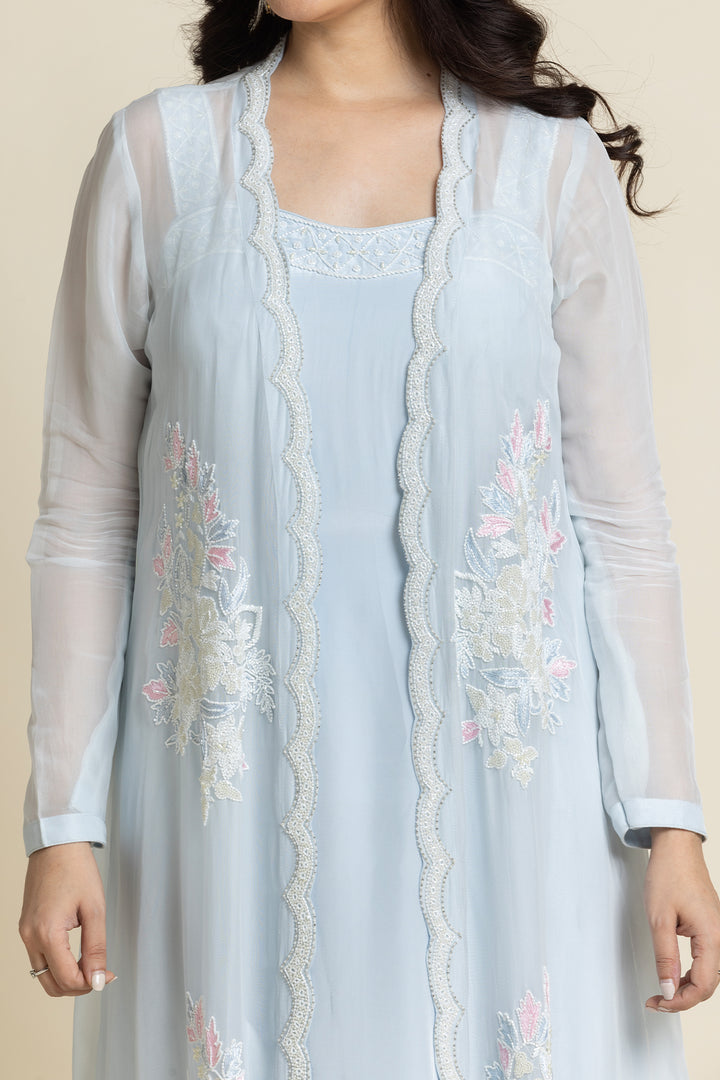 Blue Georgette Cut dana And Pearl Embroidered Suit