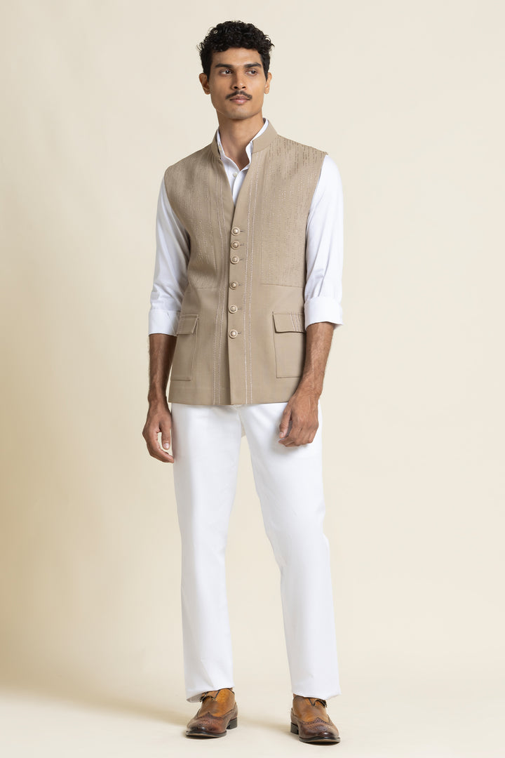 Sand Beige Brushed Cotton Bandhgala Waistcoat