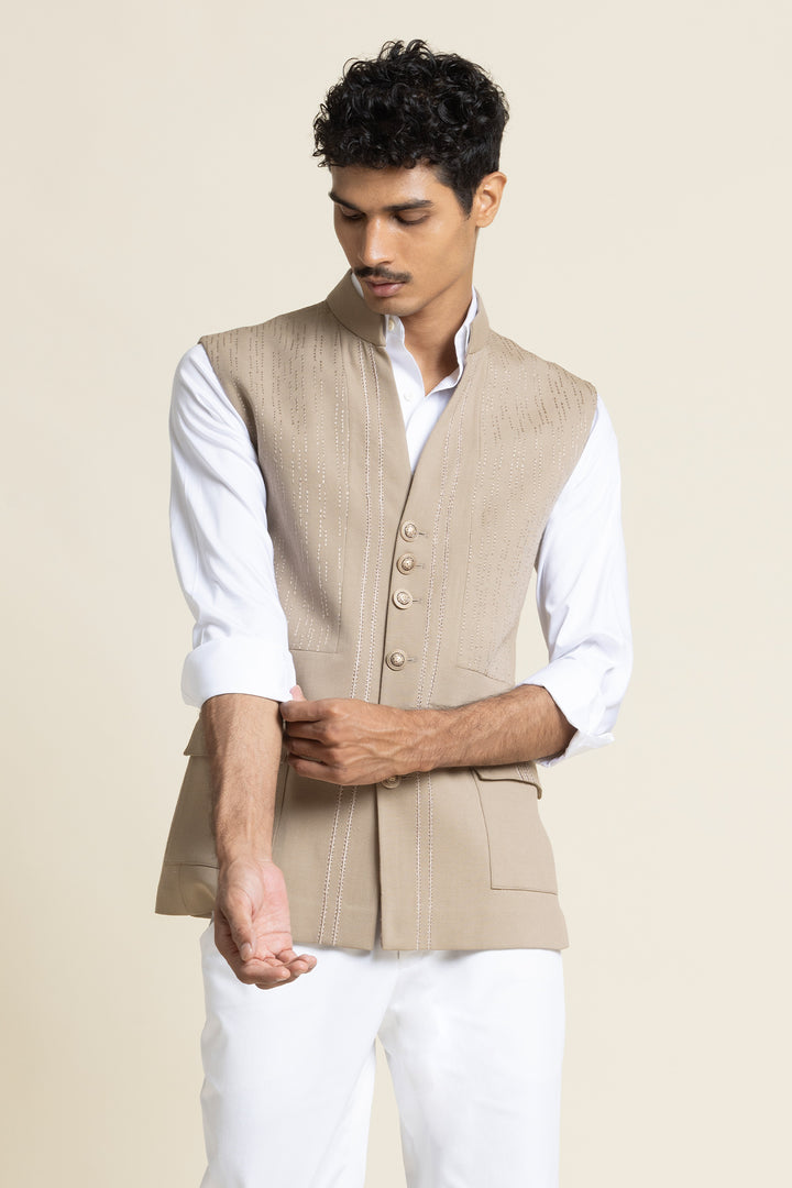 Sand Beige Brushed Cotton Bandhgala Waistcoat