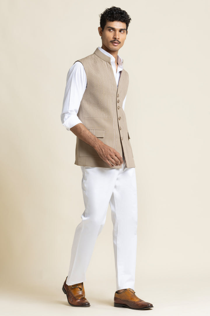 Sand Beige Brushed Cotton Bandhgala Waistcoat