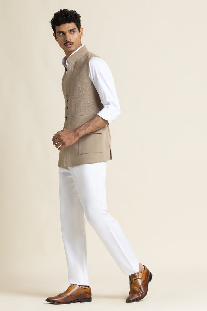 Sand Beige Brushed Cotton Bandhgala Waistcoat