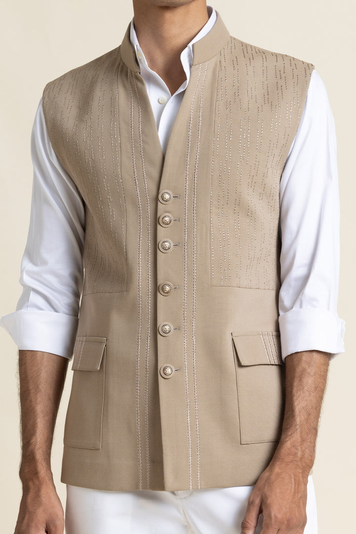 Sand Beige Brushed Cotton Bandhgala Waistcoat