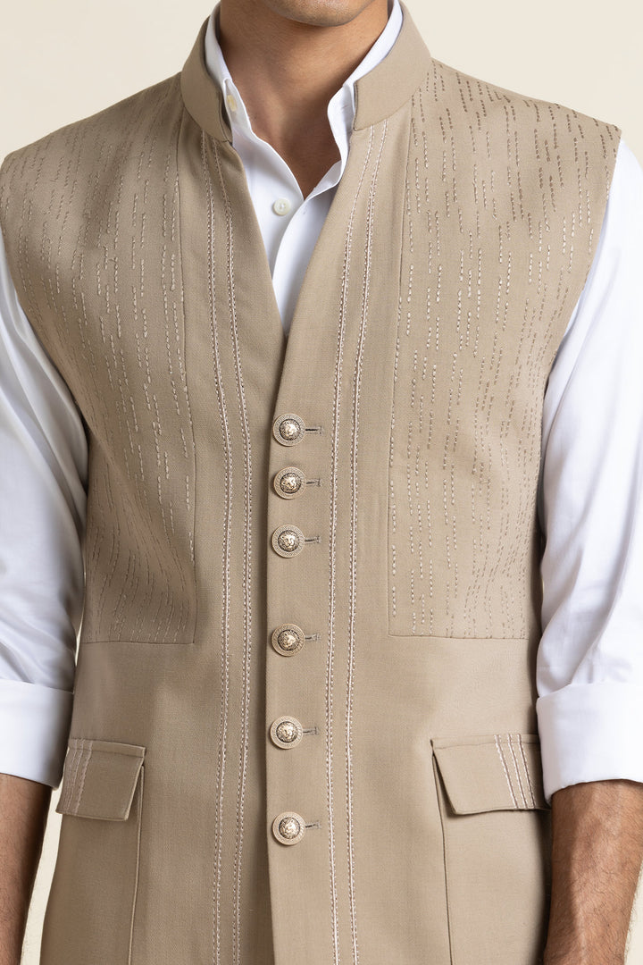 Sand Beige Brushed Cotton Bandhgala Waistcoat