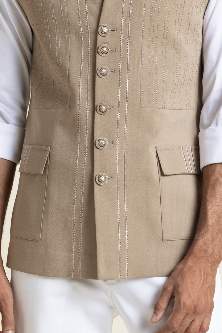 Sand Beige Brushed Cotton Bandhgala Waistcoat