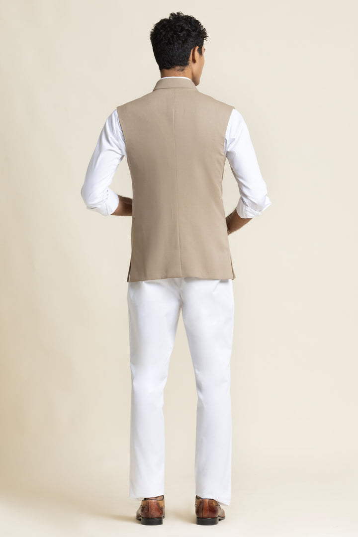 Sand Beige Brushed Cotton Bandhgala Waistcoat