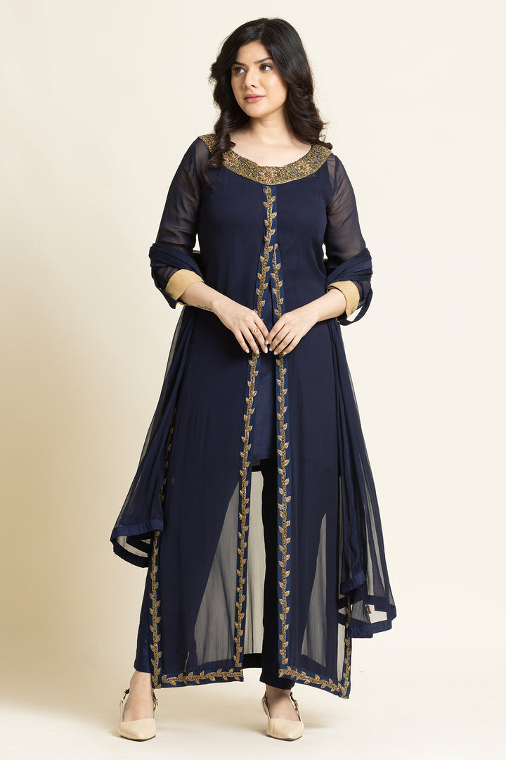 Navy Blue Georgette Moti And Dabka Embroidered Suit