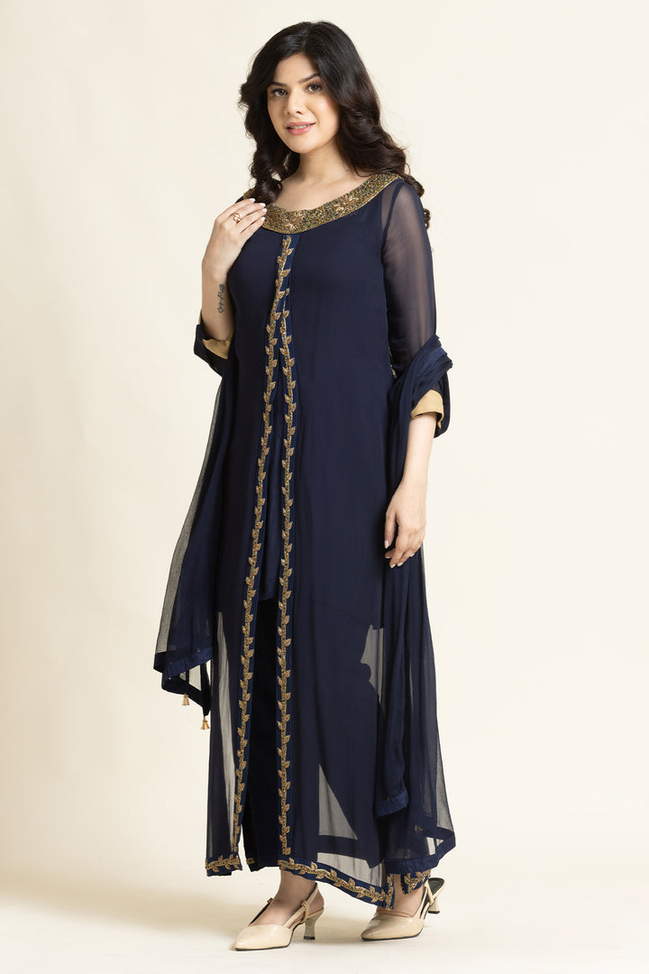 Navy Blue Georgette Moti And Dabka Embroidered Suit