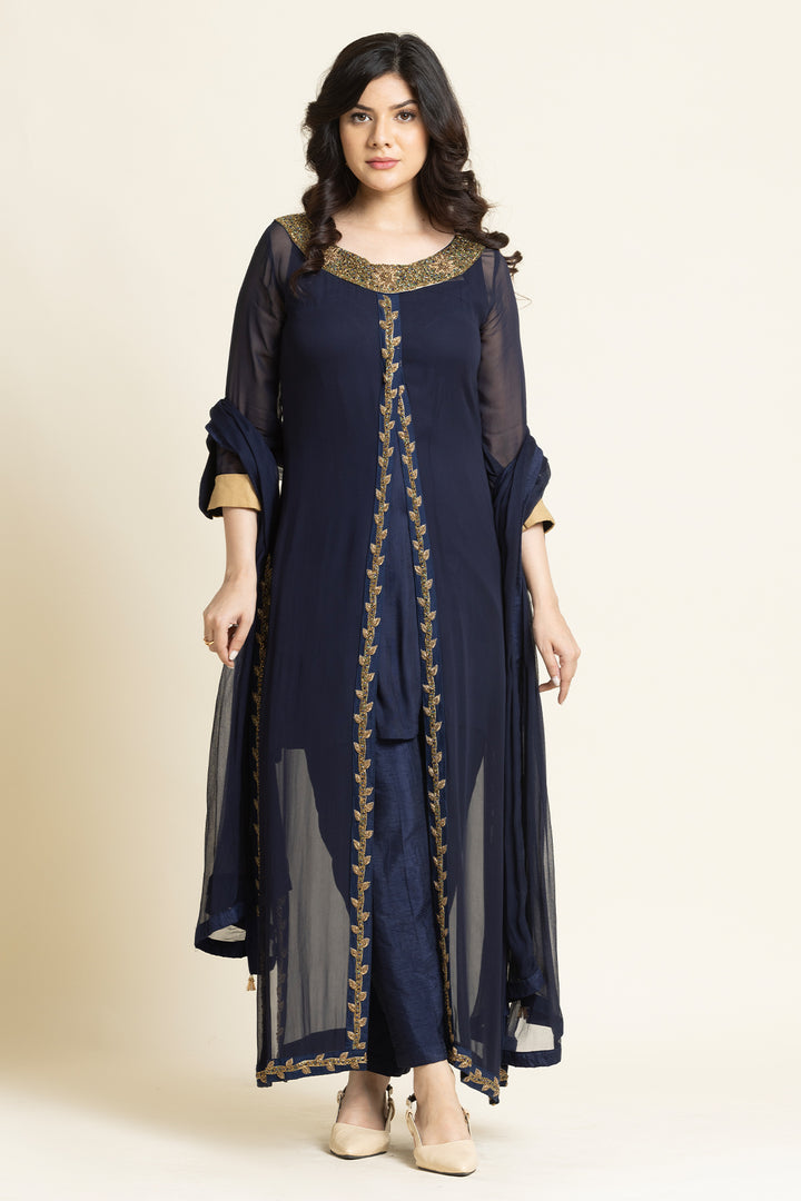 Navy Blue Georgette Moti And Dabka Embroidered Suit