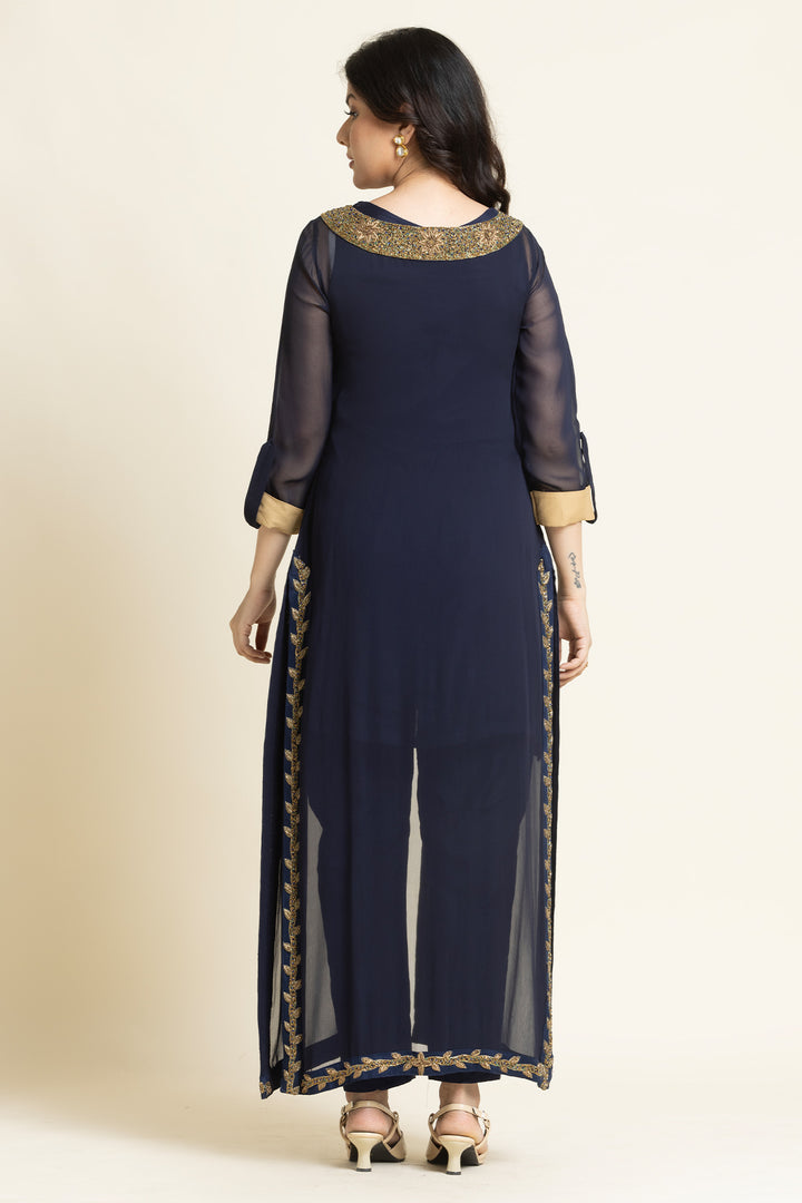 Navy Blue Georgette Moti And Dabka Embroidered Suit