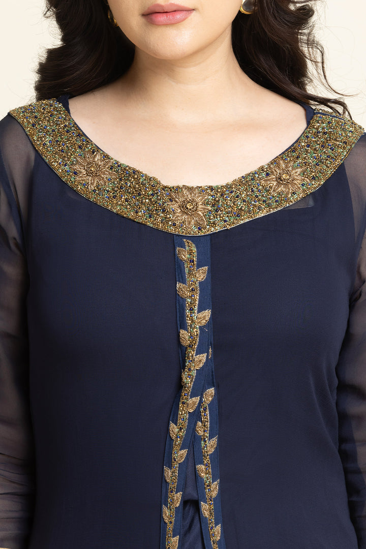 Navy Blue Georgette Moti And Dabka Embroidered Suit
