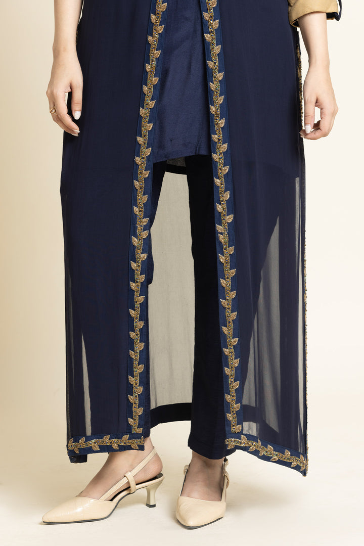 Navy Blue Georgette Moti And Dabka Embroidered Suit