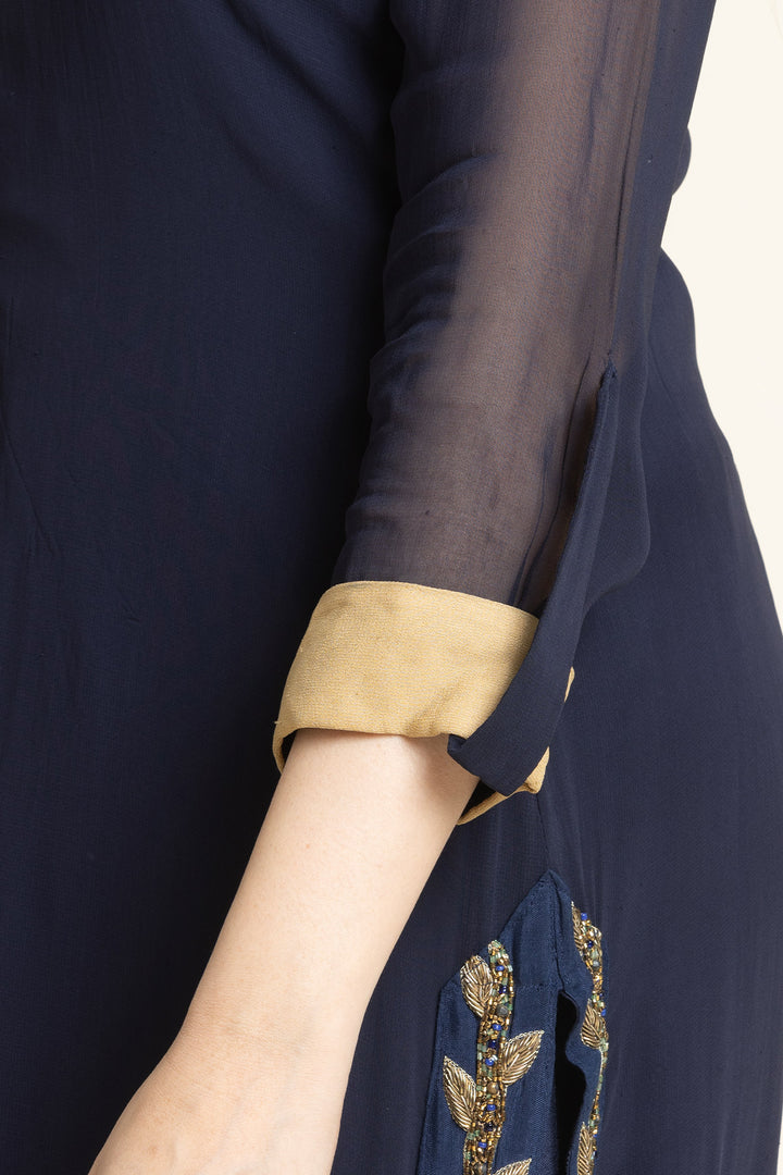 Navy Blue Georgette Moti And Dabka Embroidered Suit