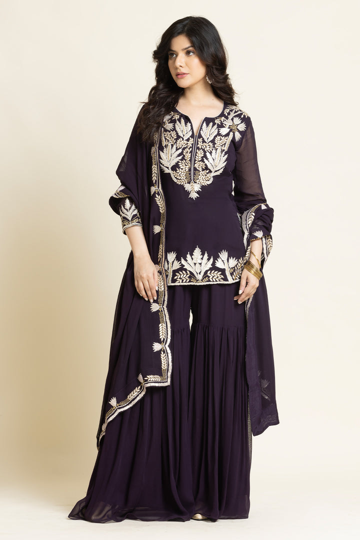Purple Georgette Embroidered Sharara Set