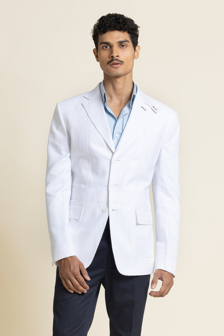 Elegant Slim-Fit White Linen Jacket