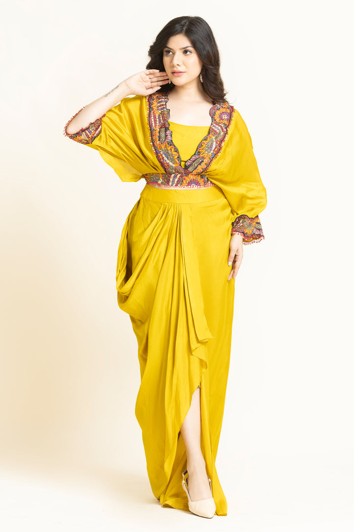 Yellow Printed Patch With Moti Embroidered Co-Ord Set