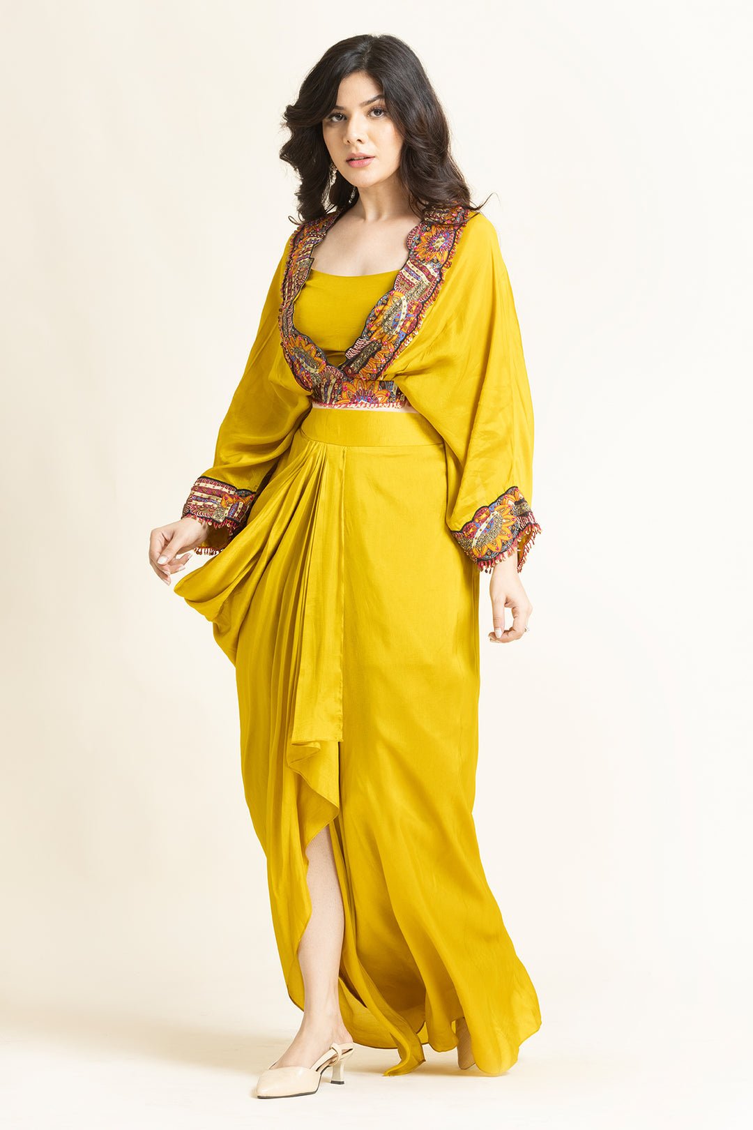 Yellow Printed Patch With Moti Embroidered Co-Ord Set