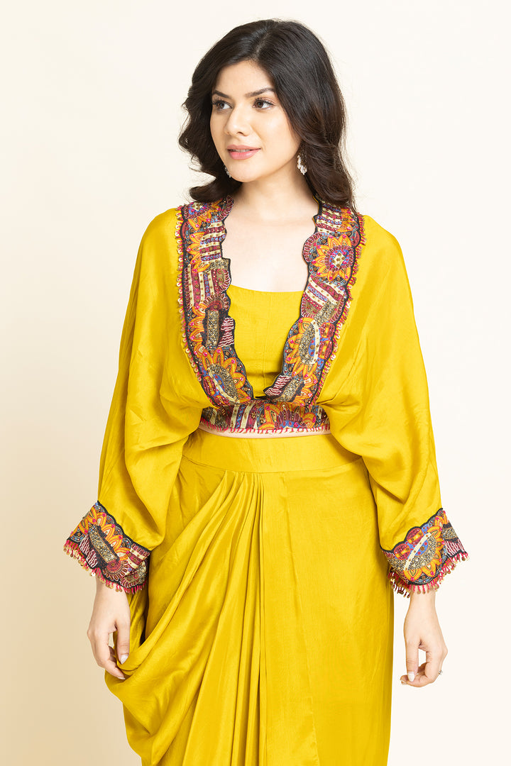 Yellow Printed Patch With Moti Embroidered Co-Ord Set