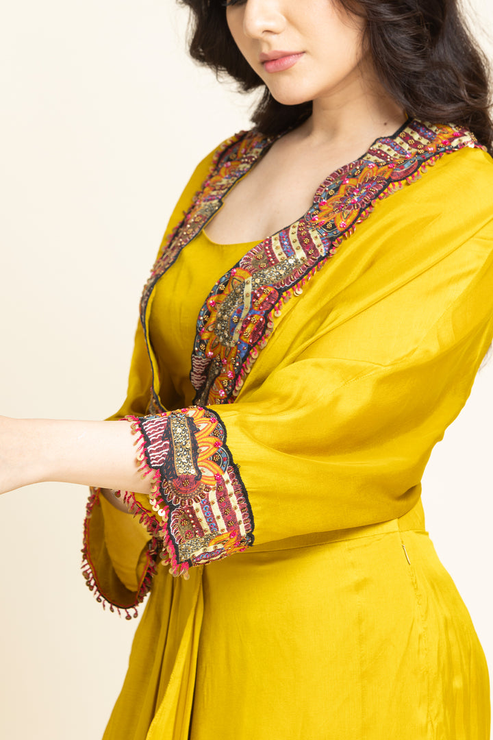 Yellow Printed Patch With Moti Embroidered Co-Ord Set
