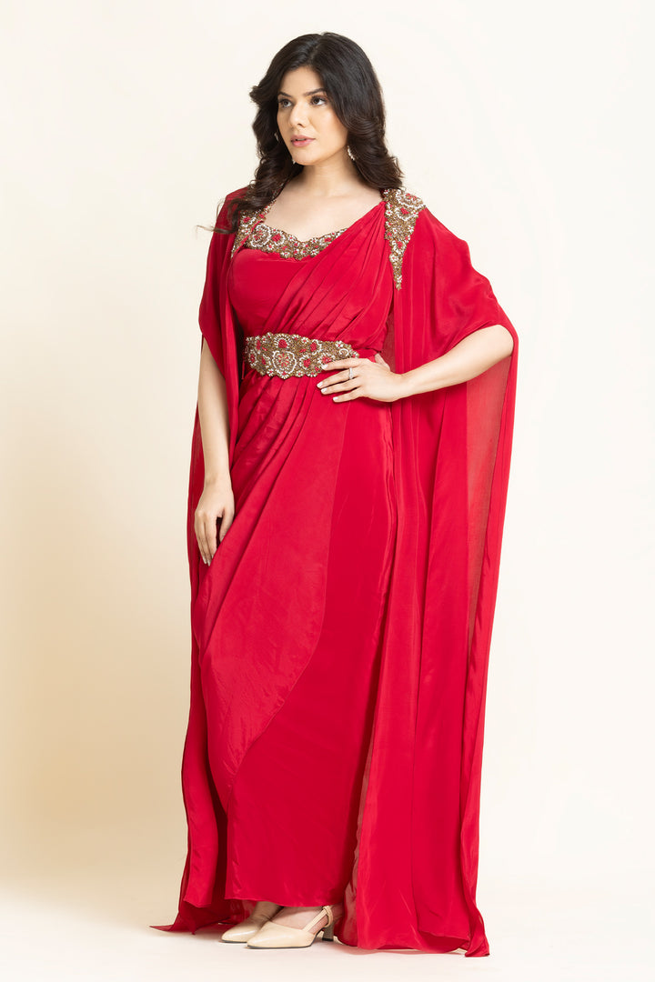 Red Crape Cut dana Sequence Embroidered Indo-Western