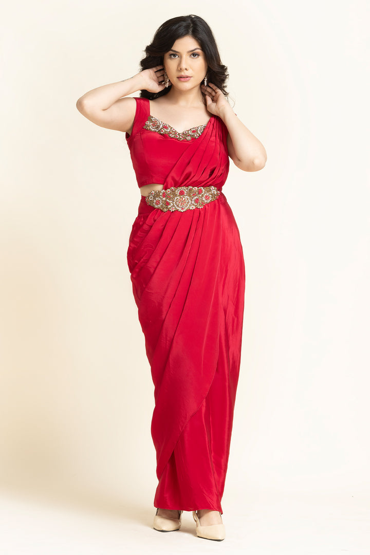 Red Crape Cut dana Sequence Embroidered Indo-Western