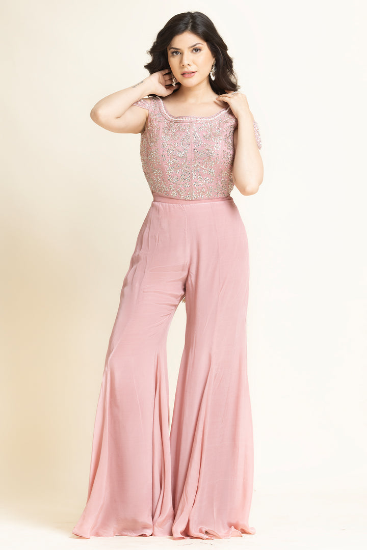 Pink Dabka Pearl And Swarovski Embroidered Indo-Western