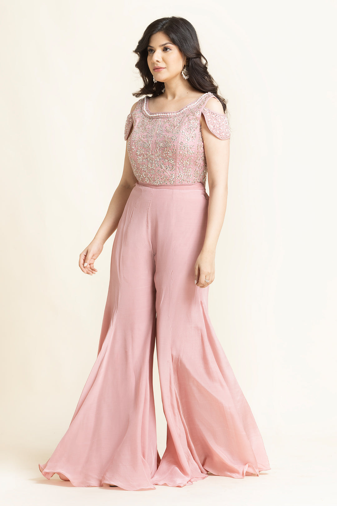 Pink Dabka Pearl And Swarovski Embroidered Indo-Western