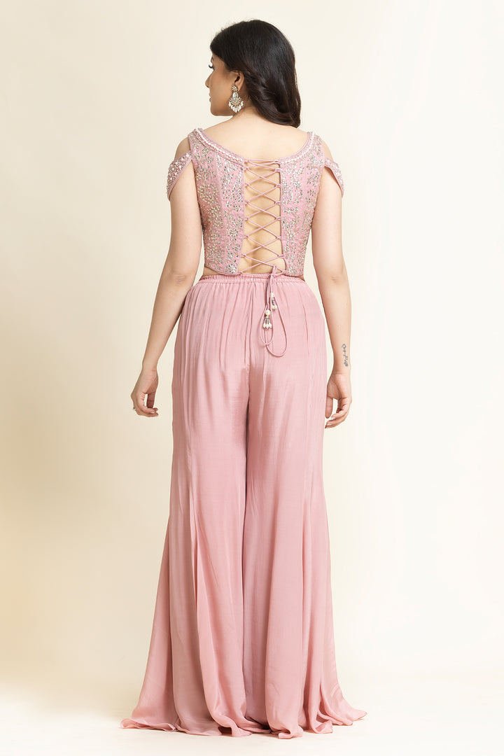 Pink Dabka Pearl And Swarovski Embroidered Indo-Western
