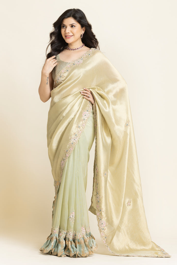 Beige Net Sequence Cut dana And Thread Embroidered Saree