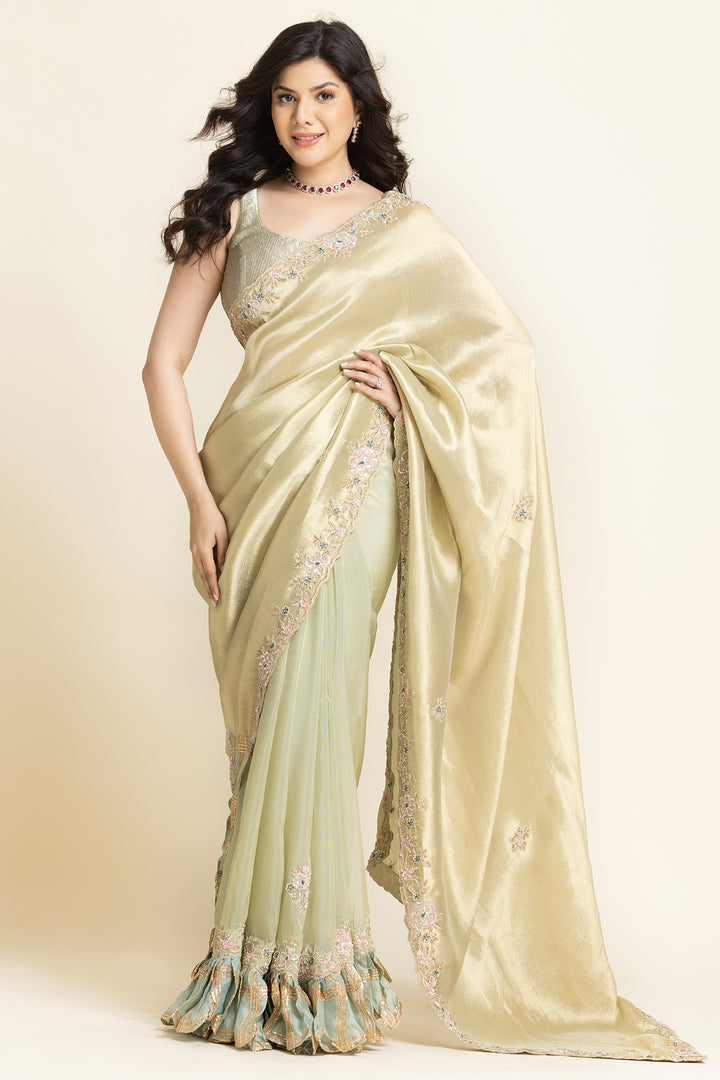 Beige Net Sequence Cut dana And Thread Embroidered Saree